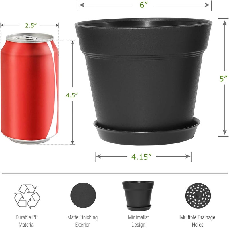 WOUSIWER 16 Pack 6 inch Plastic Planters for Indoor Flower Pots, Heavy Duty and Stylish 6 Inch Plant Pots for Indoor Plants with Drainage Holes and Tray for Plants, Flowers, Black - Image 3